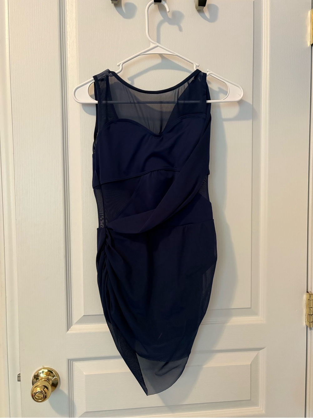 balera asymmetrical mesh drape navy dress